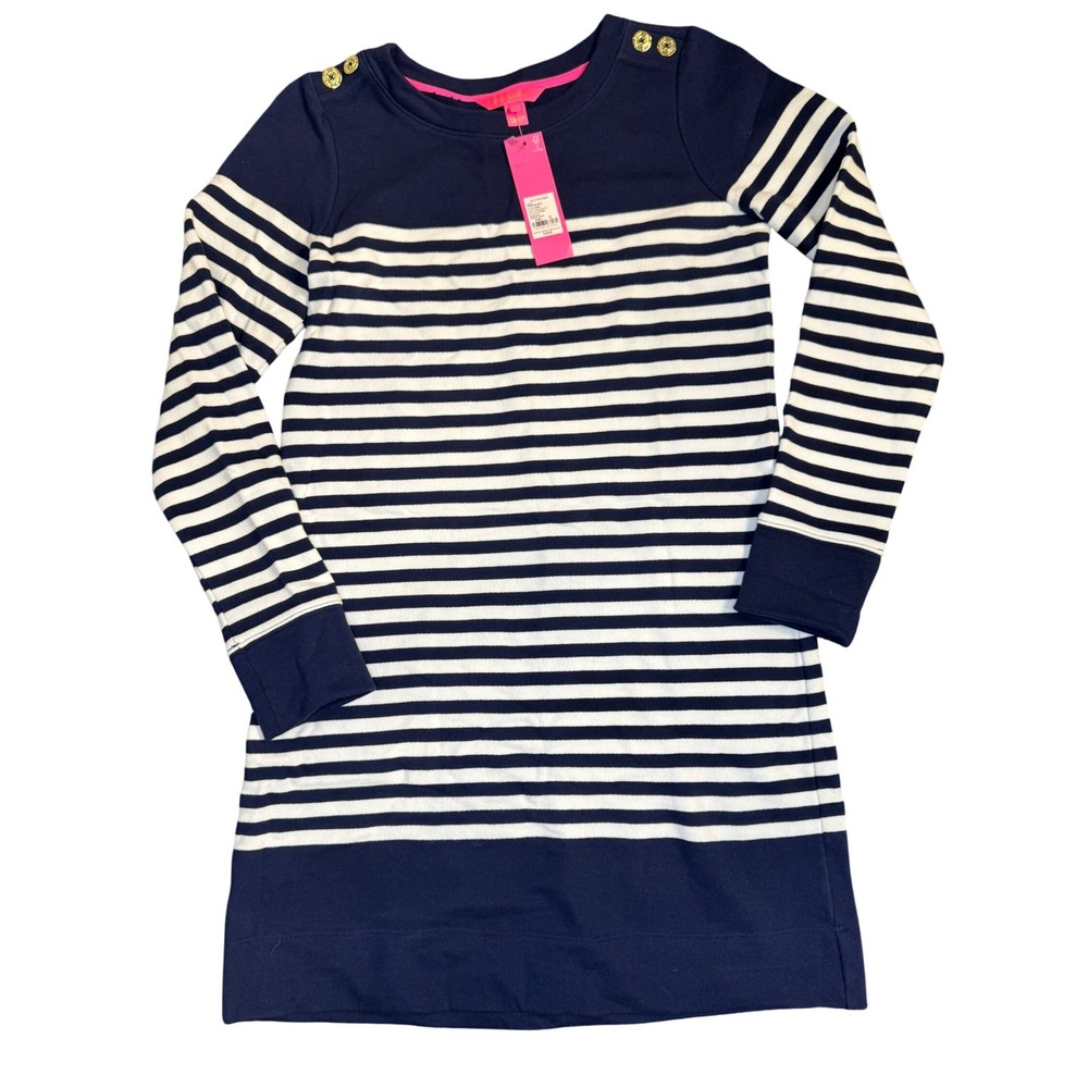 Lilly Pulitzer Kenley Long Sleeve Crew Dress Navy Riviera Stripe Gold Button M